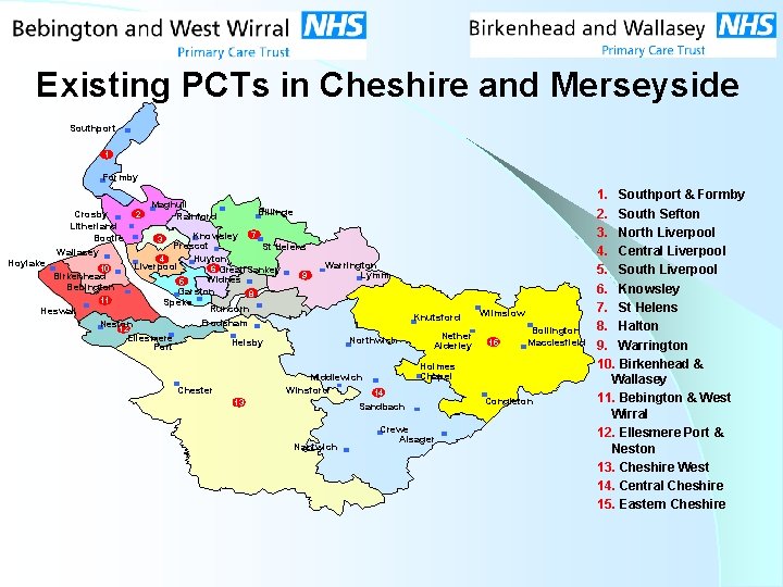 Existing PCTs in Cheshire and Merseyside Southport 1 Formby Crosby Litherland Bootle Wallasey 2