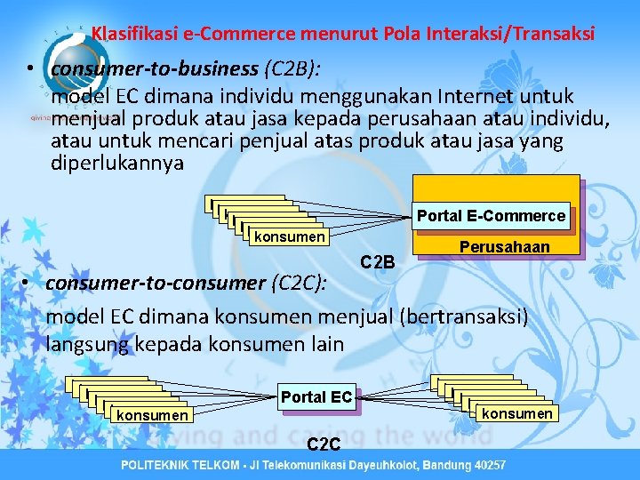Klasifikasi e-Commerce menurut Pola Interaksi/Transaksi • consumer-to-business (C 2 B): model EC dimana individu