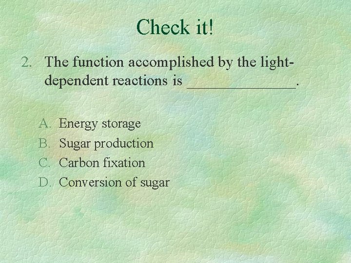Check it! 2. The function accomplished by the lightdependent reactions is _______. A. B.
