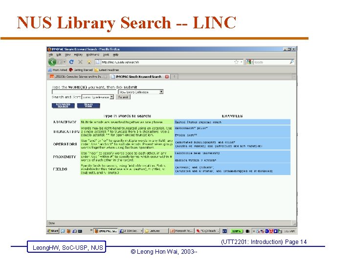 NUS Library Search -- LINC Leong. HW, So. C-USP, NUS (UTT 2201: Introduction) Page