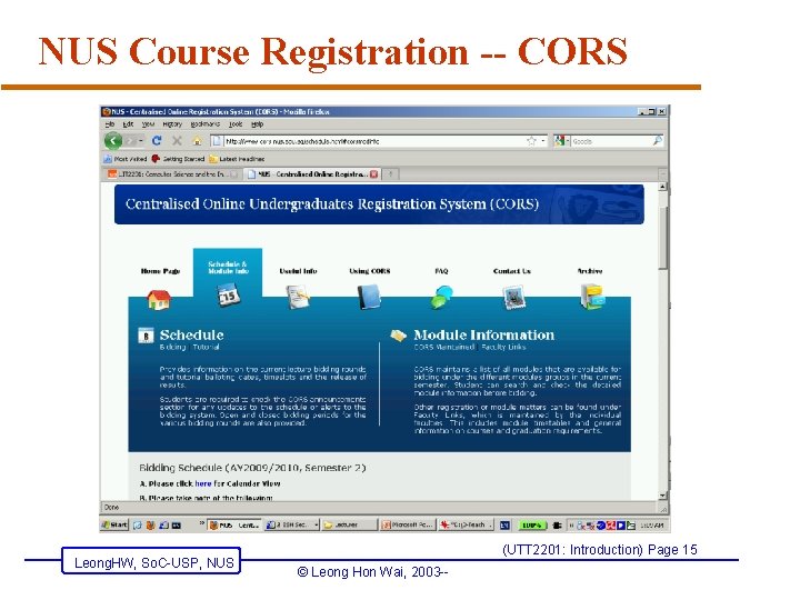 NUS Course Registration -- CORS Leong. HW, So. C-USP, NUS (UTT 2201: Introduction) Page