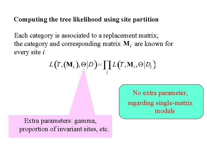 Computing the tree likelihood using site partition Each category is associated to a replacement