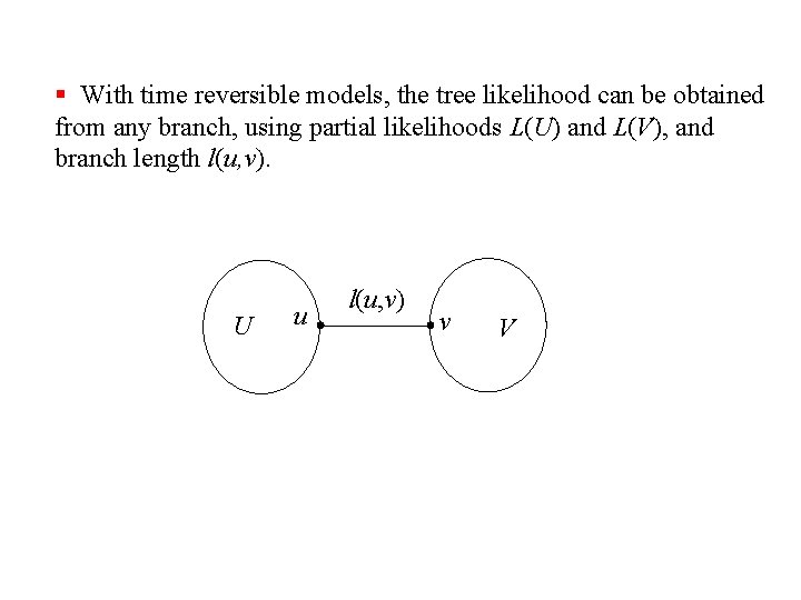 § With time reversible models, the tree likelihood can be obtained from any branch,