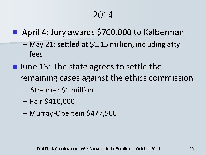 2014 n April 4: Jury awards $700, 000 to Kalberman – May 21: settled
