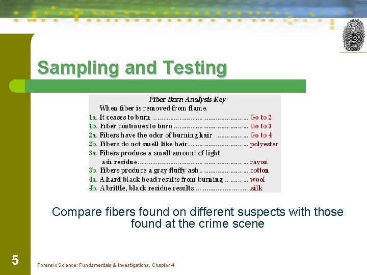 Sampling and Testing Compare fibers found on different suspects with those found at the