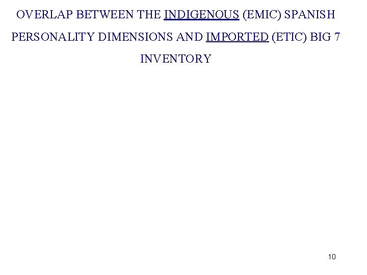 OVERLAP BETWEEN THE INDIGENOUS (EMIC) SPANISH PERSONALITY DIMENSIONS AND IMPORTED (ETIC) BIG 7 INVENTORY