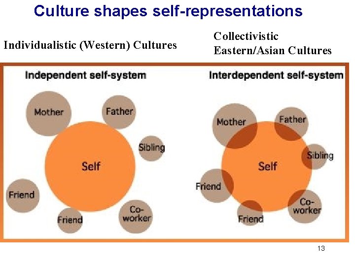 Culture shapes self-representations Individualistic (Western) Cultures Collectivistic Eastern/Asian Cultures 13 