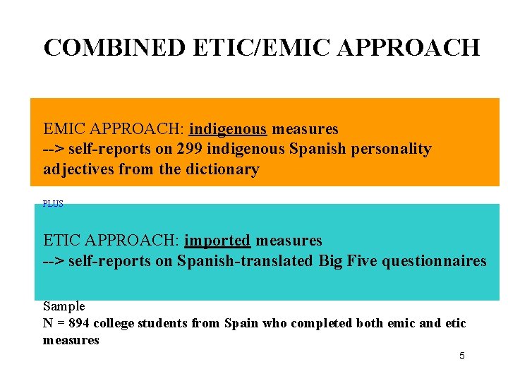 COMBINED ETIC/EMIC APPROACH: indigenous measures --> self-reports on 299 indigenous Spanish personality adjectives from