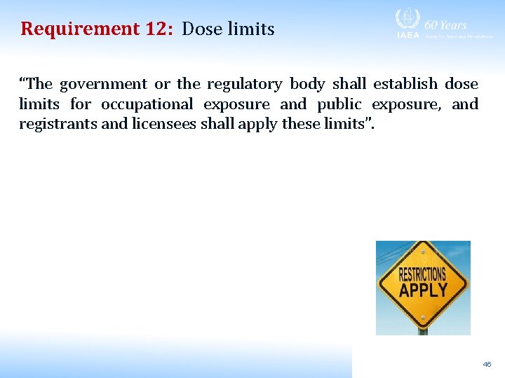 Requirement 12: Dose limits “The government or the regulatory body shall establish dose limits