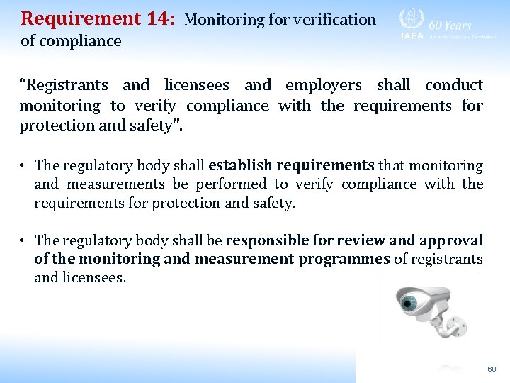Requirement 14: Monitoring for verification of compliance “Registrants and licensees and employers shall conduct