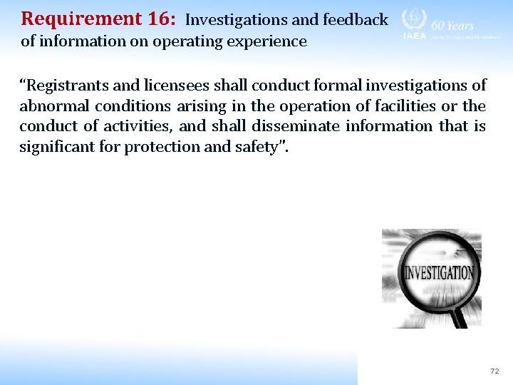 Requirement 16: Investigations and feedback of information on operating experience “Registrants and licensees shall