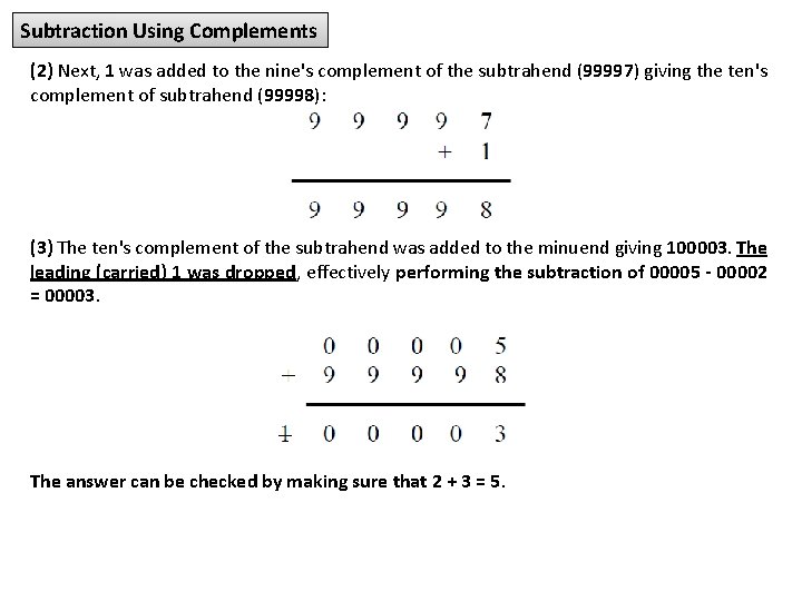 Subtraction Using Complements (2) Next, 1 was added to the nine's complement of the