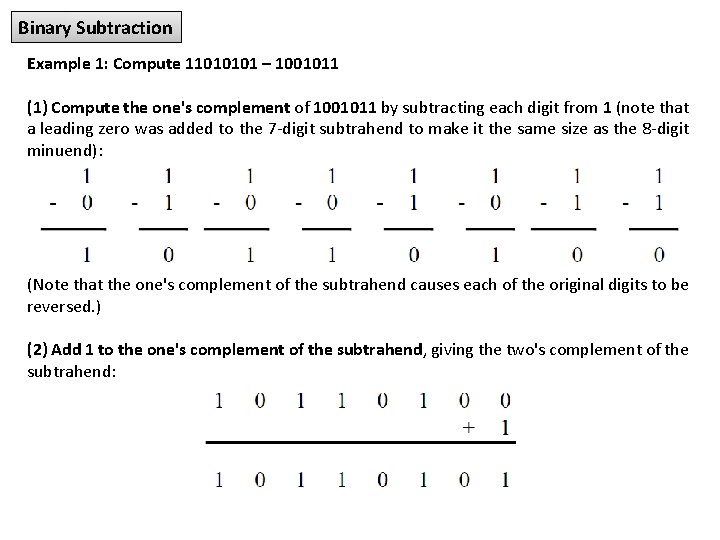Binary Subtraction Example 1: Compute 11010101 – 1001011 (1) Compute the one's complement of