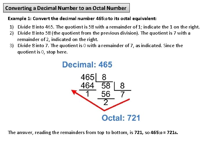 Converting a Decimal Number to an Octal Number Example 1: Convert the decimal number