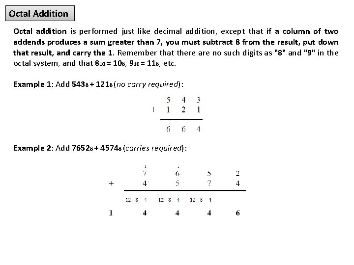 Octal Addition Octal addition is performed just like decimal addition, except that if a