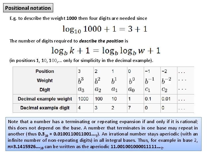 Positional notation E. g. to describe the weight 1000 then four digits are needed