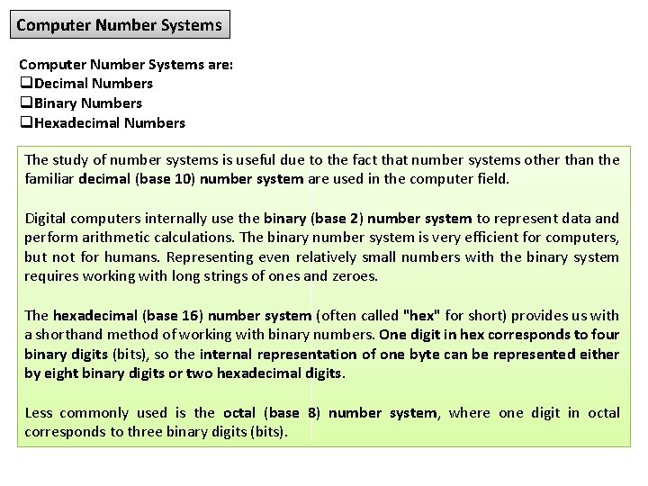Computer Number Systems are: q. Decimal Numbers q. Binary Numbers q. Hexadecimal Numbers The