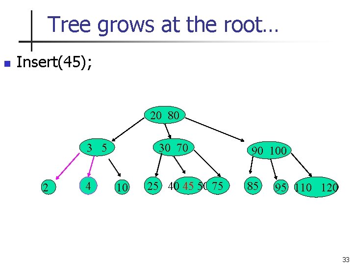 Tree grows at the root… n Insert(45); 20 80 3 5 2 4 30