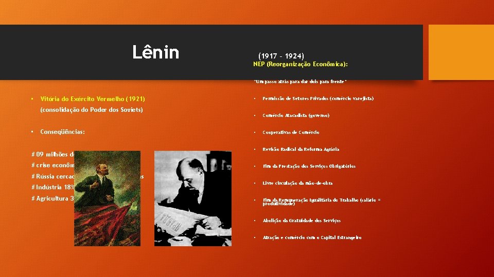 Lênin (1917 – 1924) NEP (Reorganização Econômica): “Um passo atrás para dar dois para