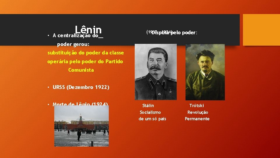 Lênin • A centralização do (1917 – 1924)pelo Disputa poder: poder gerou: substituição do