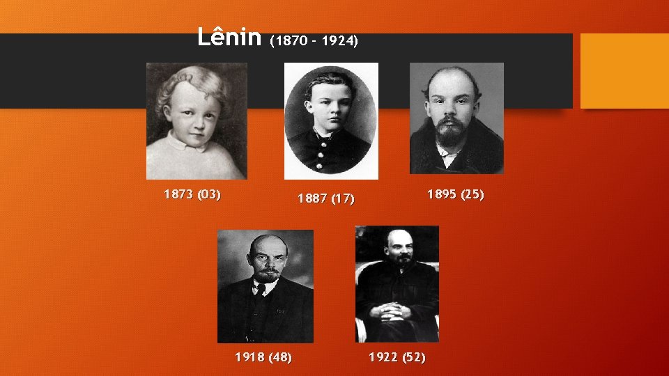 Lênin (1870 – 1924) 1873 (03) 1895 (25) 1887 (17) 1918 (48) 1922 (52)