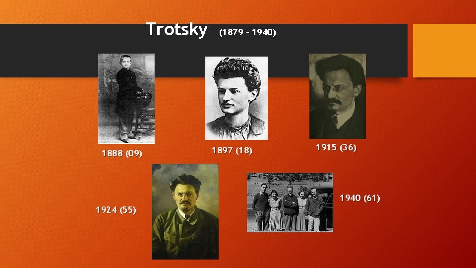 Trotsky 1888 (09) (1879 – 1940) 1897 (18) 1915 (36) 1940 (61) 1924 (55)
