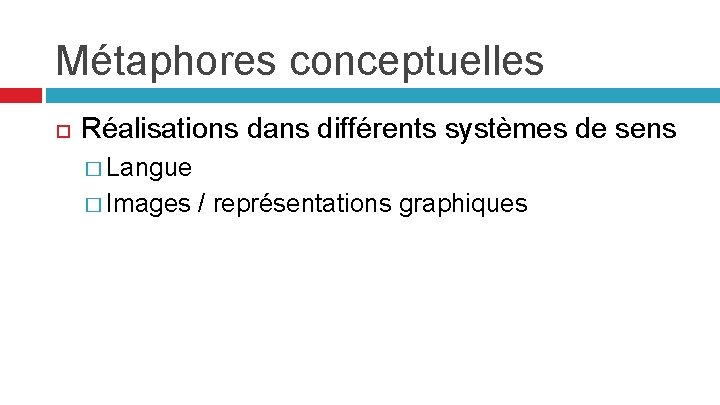 Métaphores conceptuelles Réalisations dans différents systèmes de sens � Langue � Images / représentations