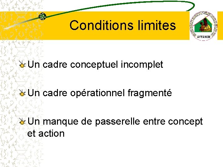 Conditions limites Un cadre conceptuel incomplet Un cadre opérationnel fragmenté Un manque de passerelle