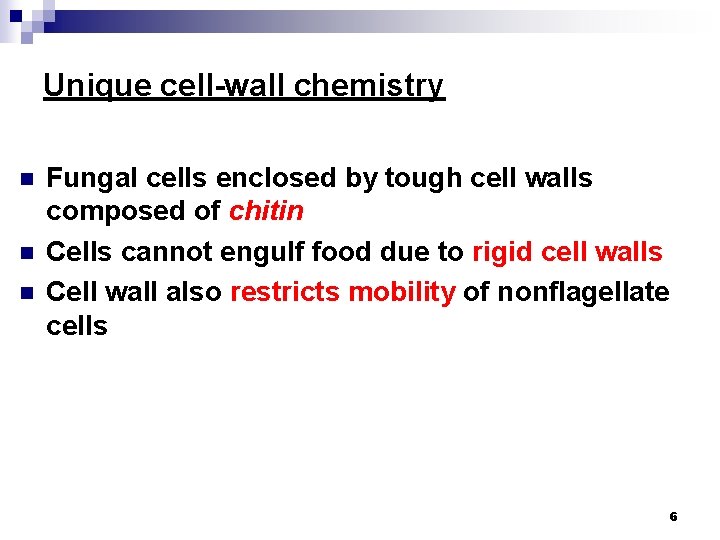 Unique cell-wall chemistry n n n Fungal cells enclosed by tough cell walls composed