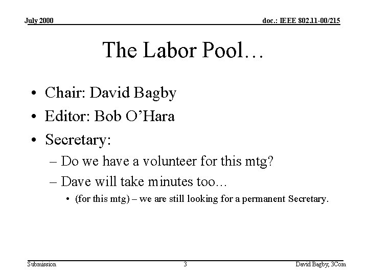 July 2000 doc. : IEEE 802. 11 -00/215 The Labor Pool… • Chair: David