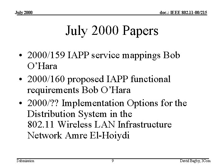 July 2000 doc. : IEEE 802. 11 -00/215 July 2000 Papers • 2000/159 IAPP