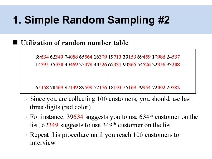 1. Simple Random Sampling #2 Utilization of random number table 39634 62349 74088 65564