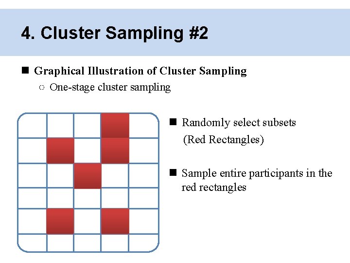 4. Cluster Sampling #2 Graphical Illustration of Cluster Sampling ○ One-stage cluster sampling Randomly
