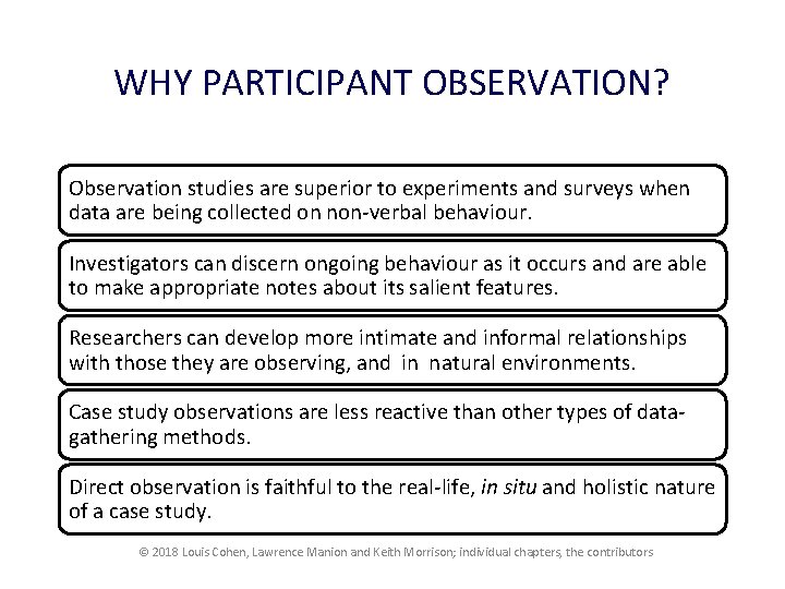 WHY PARTICIPANT OBSERVATION? Observation studies are superior to experiments and surveys when data are