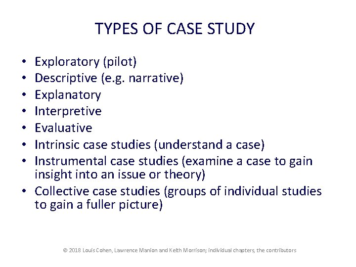 TYPES OF CASE STUDY Exploratory (pilot) Descriptive (e. g. narrative) Explanatory Interpretive Evaluative Intrinsic