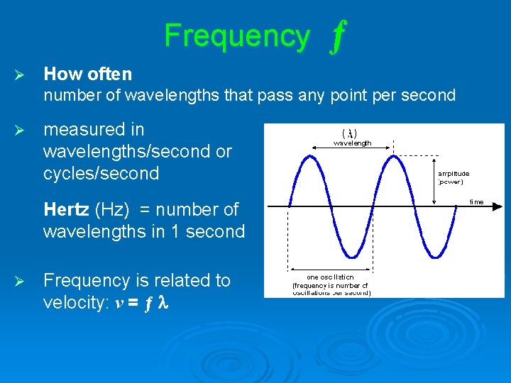 Frequency ƒ Ø How often number of wavelengths that pass any point per second