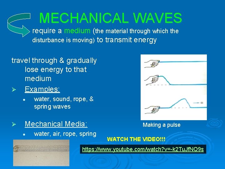 MECHANICAL WAVES require a medium (the material through which the disturbance is moving) to