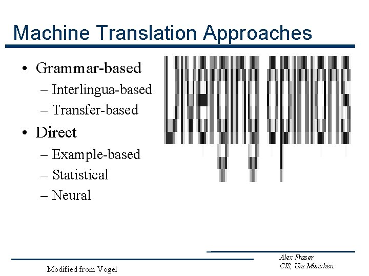 Machine Translation Approaches • Grammar-based – Interlingua-based – Transfer-based • Direct – Example-based –