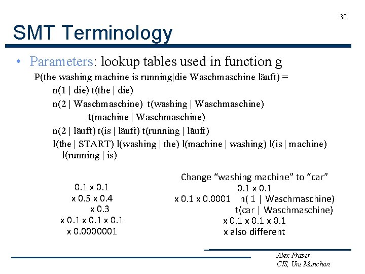 30 SMT Terminology • Parameters: lookup tables used in function g P(the washing machine