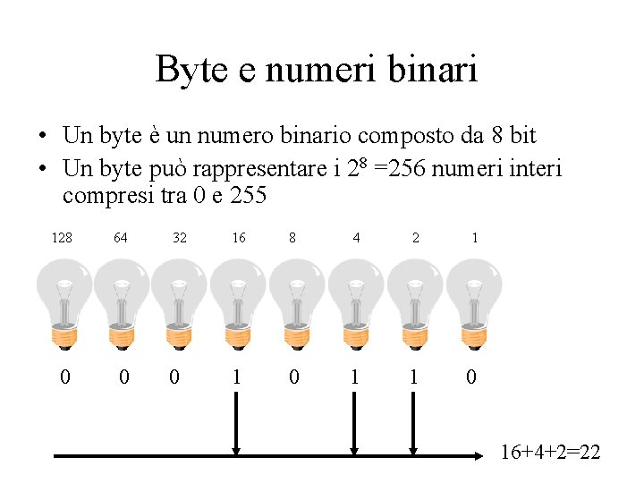 Byte e numeri binari • Un byte è un numero binario composto da 8