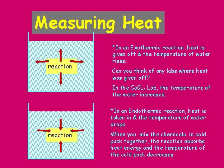 Measuring Heat reaction *In an Exothermic reaction, heat is given off & the temperature