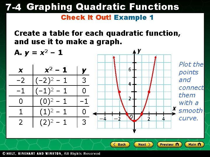 7 -4 Graphing Quadratic Functions Check It Out! Example 1 Create a table for