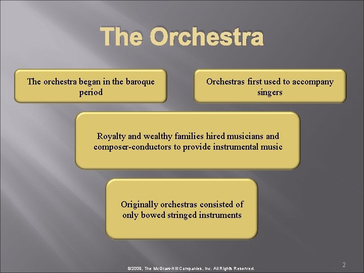 The Orchestra The orchestra began in the baroque period Orchestras first used to accompany