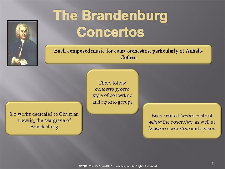 The Brandenburg Concertos Bach composed music for court orchestras, particularly at Anhalt. Cöthen Three