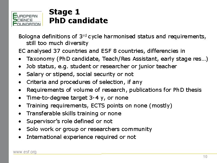 Stage 1 Ph. D candidate Bologna definitions of 3 rd cycle harmonised status and
