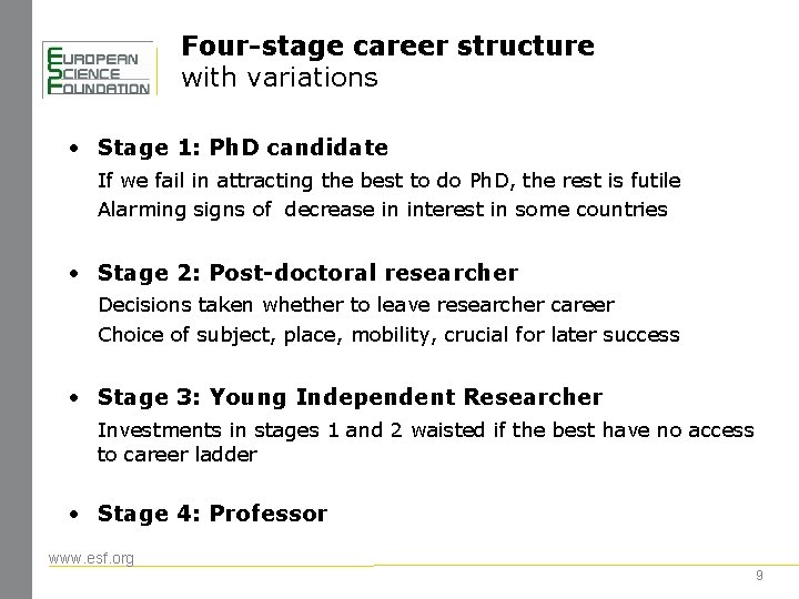 Four-stage career structure with variations • Stage 1: Ph. D candidate If we fail