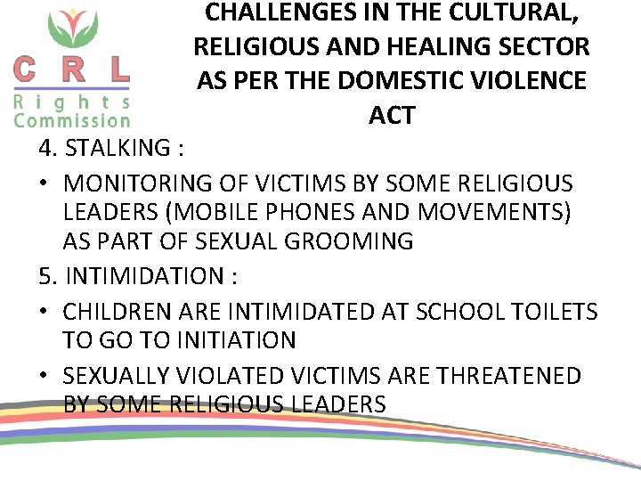 CHALLENGES IN THE CULTURAL, RELIGIOUS AND HEALING SECTOR AS PER THE DOMESTIC VIOLENCE ACT CHALLENGES IN THE CULTURAL, RELIGIOUS AND HEALING SECTOR AS PER THE DOMESTIC VIOLENCE ACT