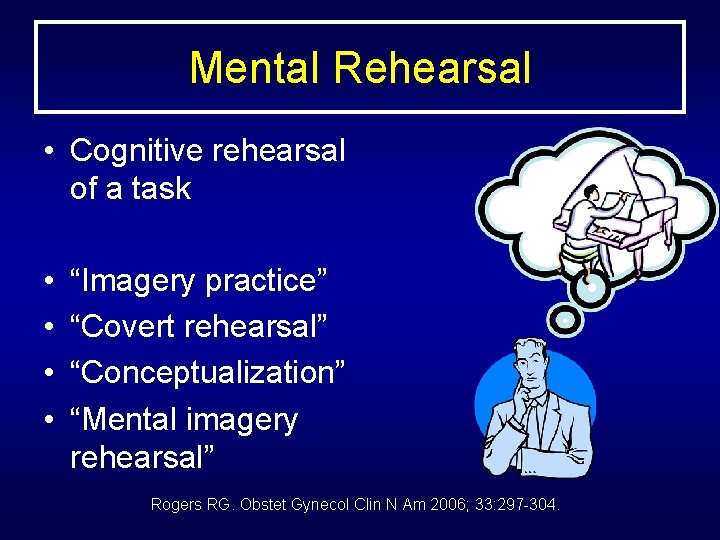 Mental Rehearsal • Cognitive rehearsal of a task • • “Imagery practice” “Covert rehearsal”