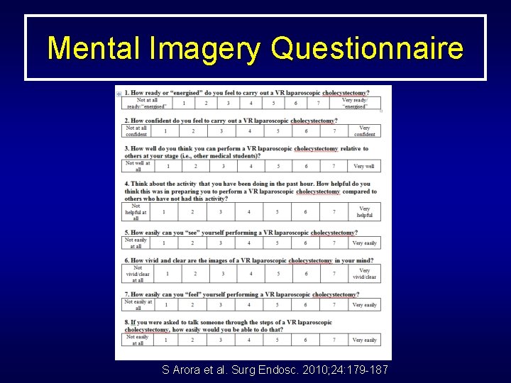 Mental Imagery Questionnaire S Arora et al. Surg Endosc. 2010; 24: 179 -187 