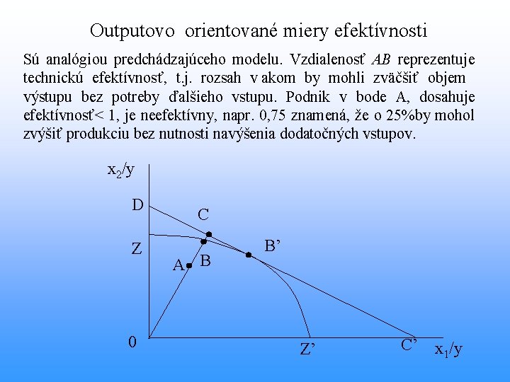 Outputovo orientované miery efektívnosti Sú analógiou predchádzajúceho modelu. Vzdialenosť AB reprezentuje technickú efektívnosť, t.